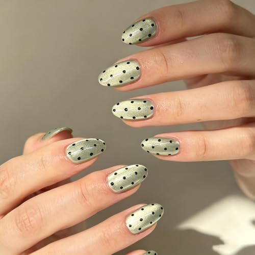 UZJXQ Short Oval Metallic Green Black Polka Dot Press-On Nails - Style-4, Reusable