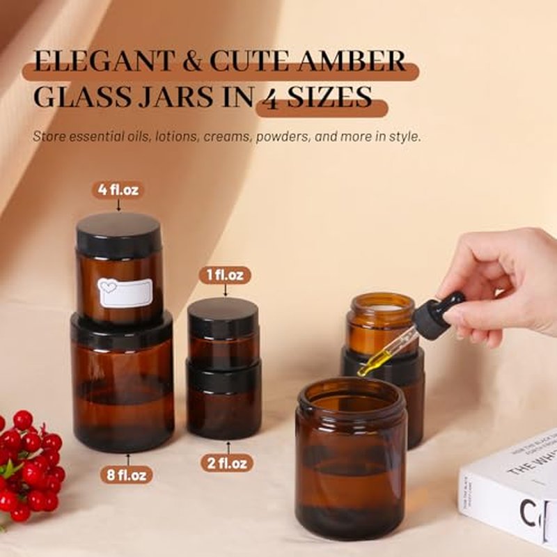 1 oz Amber Glass Jars with Lids, 48-Pack – UV Protection