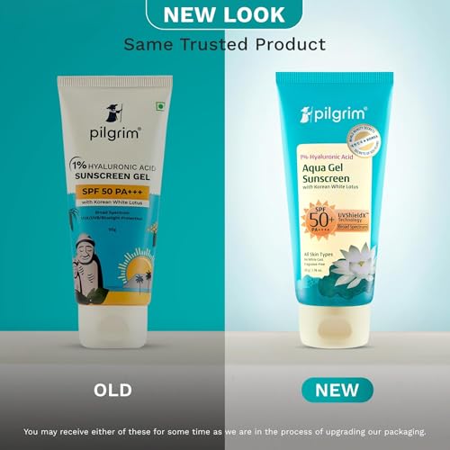Pilgrim Aqua Gel Sunscreen SPF 50+ PA++++ with 1% Hyaluronic Acid & Korean White Lotus | Broad Spectrum UV Protection | Lightweight Hydrating Sunscreen for All Skin Types | 1.69 Fl Oz (50 ml)