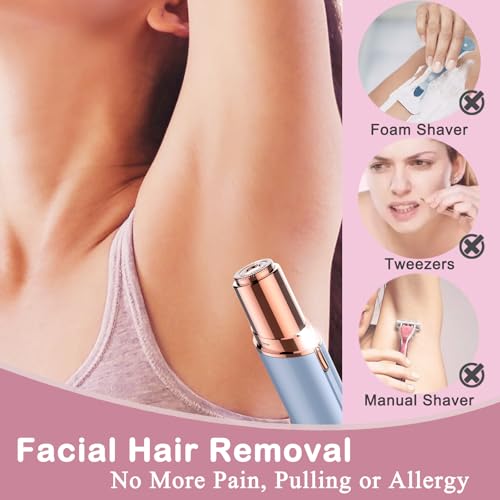 Facial Hair Removal for Women - Mini Travel Face Hair Remover - Electric Shaver Rechargeable Facial Trimmer Portable Painless Bikini Razor for Face Lips Chin Armpit Peach Fuzz Arms Legs (Blue)