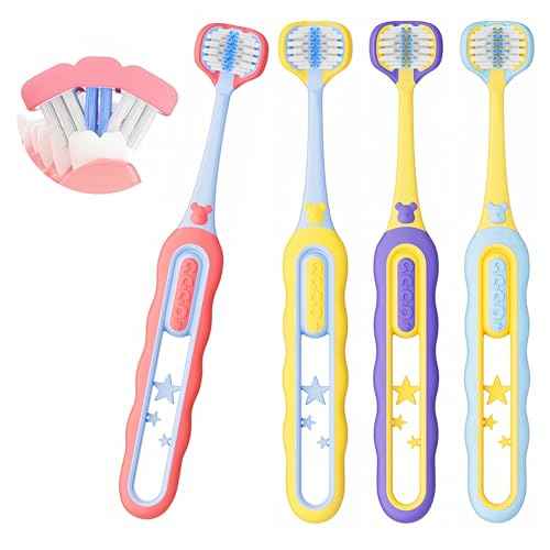 Toddler Toothbrush 4 Pack, Soft Baby Toothbrush Efficient 3 Sided Kids Tooth Brush for Ages 1-12 Years, Infant Training Tooth Brush Complete Tooth and Gum Care, Easy to Grip(Patent)