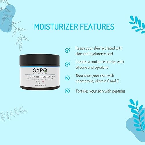 Sapo All Natural Face Cream, Skin Barrier Support Daily Moisturizer with Hyaluronic Acid, Niacinamide, Peptides, Day or Night, 2 oz
