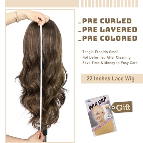 Brown Synthetic Lace Front Wig 13x4 Pre Plucked Highlight Body Wave Wigs for Women Heat Resistant Hair 22 Inch Daily Use