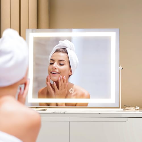Hasipu Vanity Mirror with Lights, 15.7" x 11.8" LED Makeup Mirror, 3 Color Modes Touch Control and Brightness Adjustment Lighting Mirror, 10X Magnifying Glass, 360¡Æ Rotation
