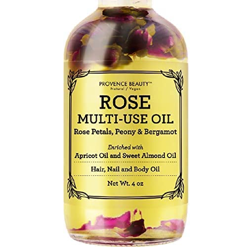 Multi-Use Oil for Face, Body and Hair - Organic Blend of Apricot, Vitamin E and Sweet Almond Oil Moisturizer for Dry Skin, Scalp and Nails - Rose Petals, and Bergamot Essential Oil - 4 Fl Oz