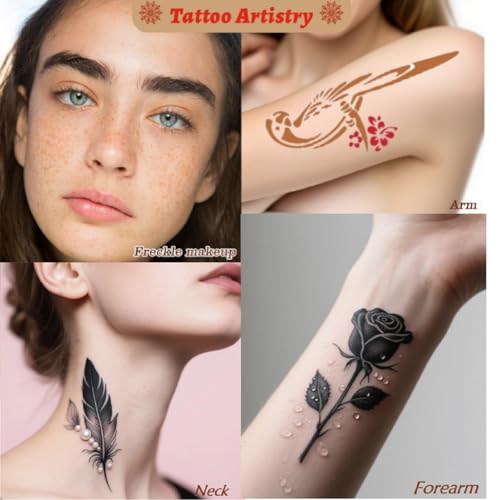 Temporary Tattoo Kit - 6 Pcs Tattoo Cones 3 Colors DIY Safe Ink (Brown, Black, Cherry Red) | Includes Reusable Stencils, Brush & Gloves | Body Art for Kids & Adults