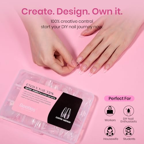Beetles Coffin Medium Nail Tips 384pcs - Pre-Etched, No Shaping Needed, 12 Sizes