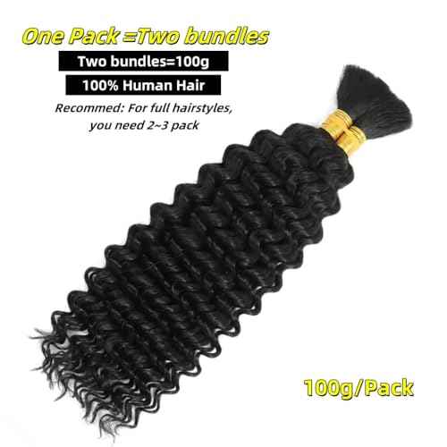 100 Percent Human Boho Braiding Hair Deep Wave Curly 12A Bulk Bundles Human Hair 105g Wet and Wavy for Boho Braids Human Hair Extensions for Braiding Human Supplies No Weft 2 Bundles