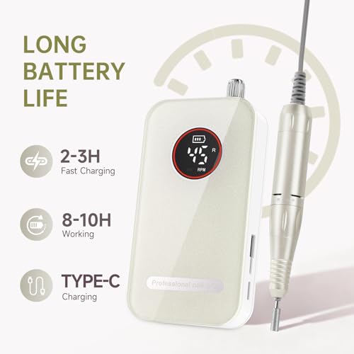 Elegant White Rechargeable Professional Nail Drill 45000RPM for Gel & Natural Nails