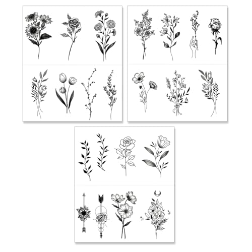 Black Floral Temporary Tattoos - Waterproof Realistic Flower Design