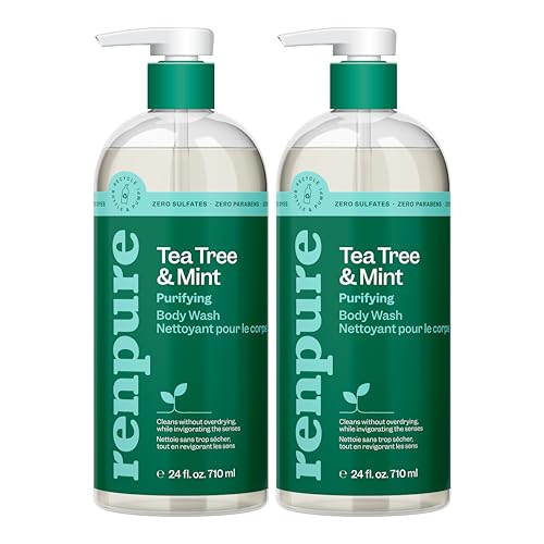 Renpure Tea Tree & Mint Body Wash - Cleanses, Invigorates & Refreshes Skin Without Over-Drying - For All Skin Types - Tea Tree Leaf Oil, Spearmint Leaf Oil - 24 Fl Oz each, 2 Pack