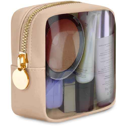 Beige Mini Makeup Bag - Clear Travel Cosmetic Case With Pouch, Small Cosmetic Pouch for Purse