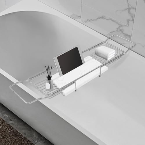 Expandable Bathtub Caddy Tray with Tablet Holder, Stainless Steel