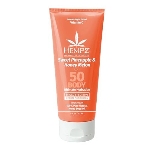 Hempz Daily Body Sunscreen SPF 50, Sweet Pineapple and Honeymelon, Reef Safe, Vegan, Dermatologist Tested, 6 oz