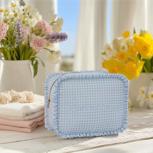 Personalized Light Blue Ruffle Gingham Cosmetic Bag 10.5x8x4.5