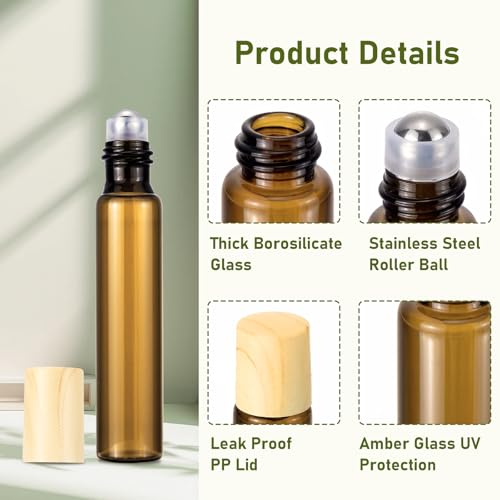 Amber Glass Roll-On Bottles 10ml - 8 Pack Refillable Travel Set