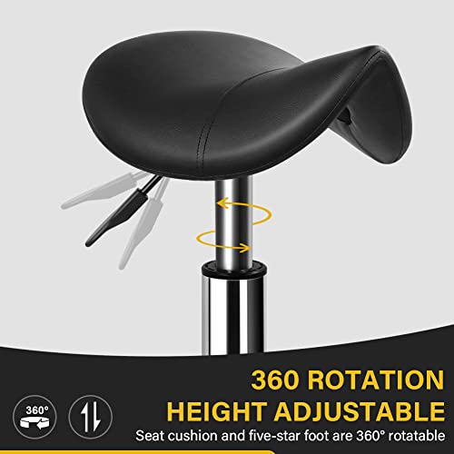 Heavy Duty Saddle Rolling Stool with Wheels Hydraulic Swivel Adjustable Rolling Stool Ergonomic Thick Leather Seat Chair for Kitchen Drafting Lab Office Salon Massage ? Black