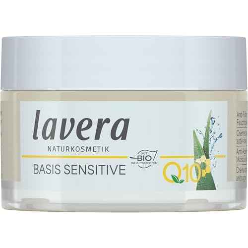 lavera Basis Sensitive Anti Wrinkle Moisturizing Cream - Face Cream with Q10 & Aloe Vera - Moisturizing Facial Cream - Anti Aging Cream - PETA Certified - Vegan - Made in Germany - 1.7 Fl Oz