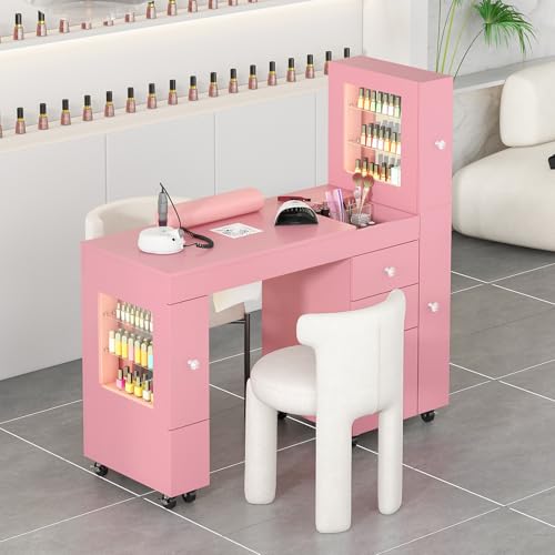 Nail Manicure Table with LED Display & Dust Collector - Pink