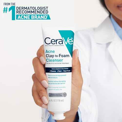 CeraVe Clay To Foam Acne Face Wash, Multi-Use Salicylic Acid & Kaolin Clay Acne Spot Treatment Clears Pimples & Blackheads, Prevents Breakouts, Hydrates & Soothes, Fragrance-Free, Non-Comedogenic, 4oz