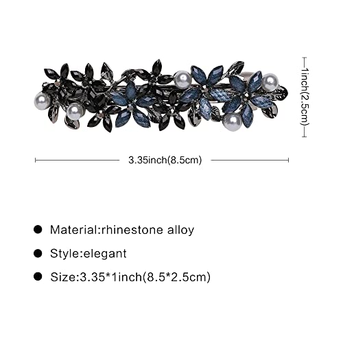 Flower Rhinestone Hair Barrettes for Women Fine Hair Glitter Sparkle Fancy Hair Clips for Women And Girls Elegant Pearl Barrettes (Black&Blue)