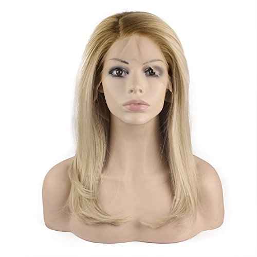 MX angel Mid Length Straight Heat Resistant Dark Root Blond Synthetic Lace Front Wig