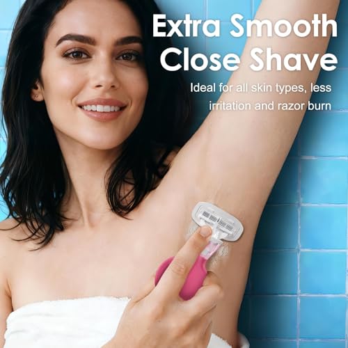 Travel Essentials Razors for Women, 5-Blade Womens Razors for Shaving, Travel Size Toiletries Women Razor Kit, Includes 1 Mini Handle with 3 Refills & 1 Case, Extra Smooth Shave (Cherry Pink)