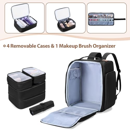 BAFASO Makeup Backpack with 4 Removable Pouches & 1 Brush Bag, Travel Makeup Case with Multiple Storage Spaces for Hair Supplies, Black