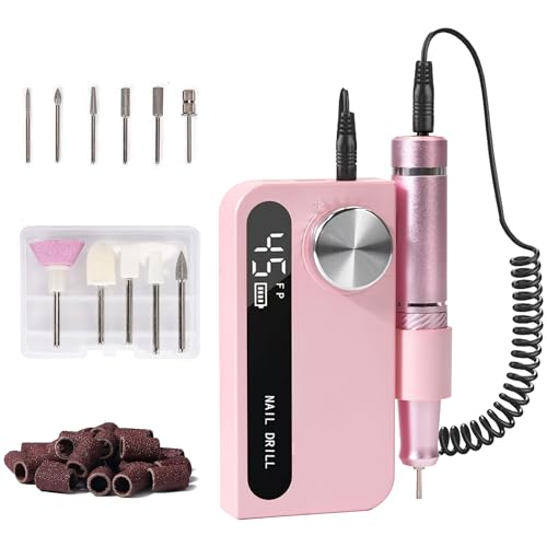 Professional Cordless Electric Nail Drill with Rechargeable Battery - Portable Manicure Kit for Acrylic & Gel Nails (Pink)