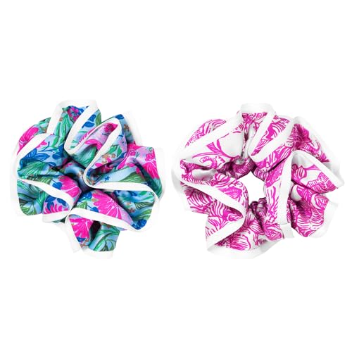 Lilly Pulitzer Hair Scrunchies for Thin or Thick Hair, Cute Ruffled Hair Ties for Women, Set of 2 (Unforgettable Pink/Endless Summer)