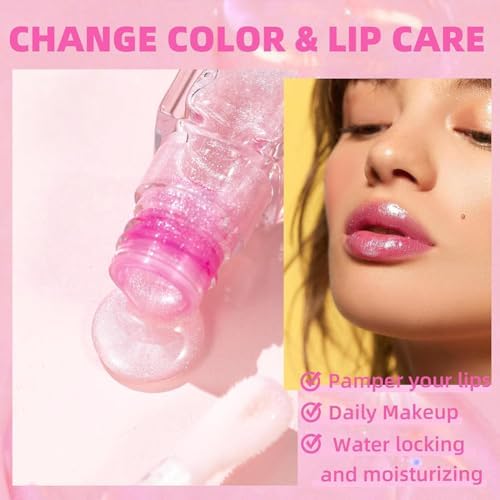 Hydrating Lip Gloss Transparent Lip Care, Magic Color Changing Moisturizing Lip Glow Oil Plumping Glimmer Glow Lipstick, Long Lasting Moisturizing Non-sticky Fresh Texture Lip Oil(201#Change Color)