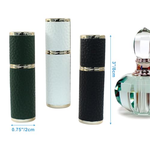 Travel Perfume Bottles Set - 3 Refillable Leak-Proof Mini Dispensers in White, Black, Green