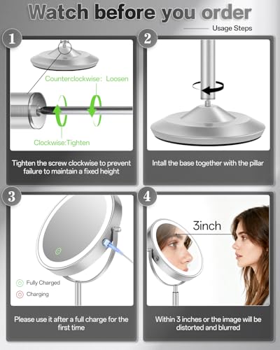 VFD 8" 30X Magnifying Makeup Mirror with Lights & Height Adjust