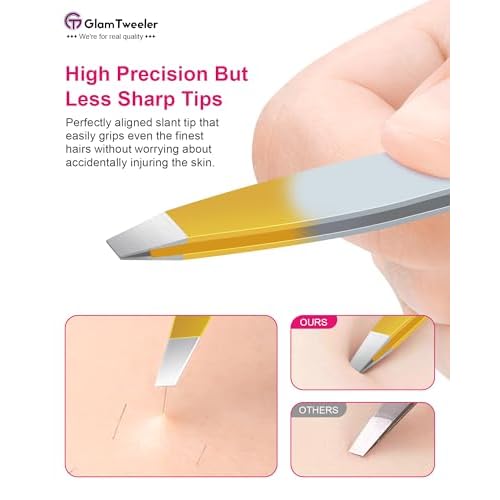 Exclusive G-01 Slant Tip Tweezers, GlamTweeler High Precison Expert Eyebrow and Facial Hair Removal Tweezer with Leather Storage & Carrying Case (Silver & Gold)