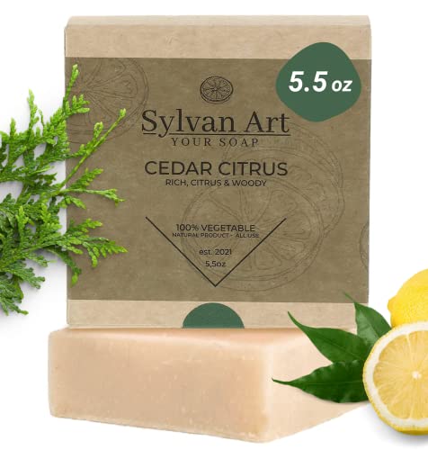 Sylvan Art Cedar Citrus Natural Scent Handmade Organic, Essential Oils Men's Soap Bar Beard Body, Face Wash Bath Nourishing Bar Soap - 5.5 Ounce