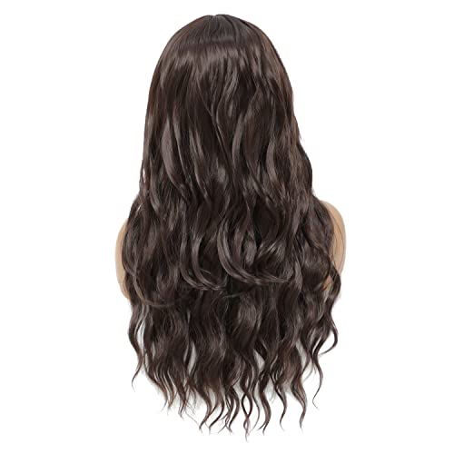 Long Curly Wavy Wig with Bangs - Dark Brown Synthetic Hair
