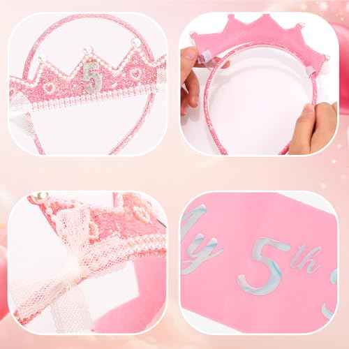 CUBACO Birthday Crown Headband 5th Birthday Girl Sash, Birthday Girl Headband Princess Pink Crown 5 Year Old Girl Gift Outfit Birthday Decorations,Suitable for Party Favors Decorations