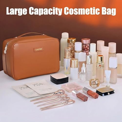 AUCCNT Brown Travel Makeup Bag - Large Capacity Waterproof Cosmetic Organizer