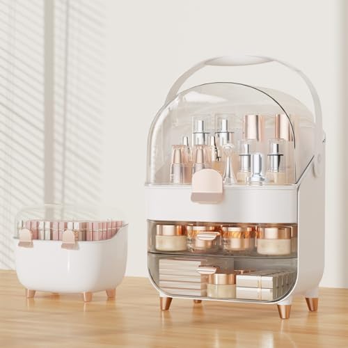 Makeup Organizer for Vanity with perfume Storage Box, Countertop Skincare Organizer with 2 Drawers, Cosmetic Display Case for Perfumes, Eyeshadow Palettes, Nail Polishes, Rose Gold