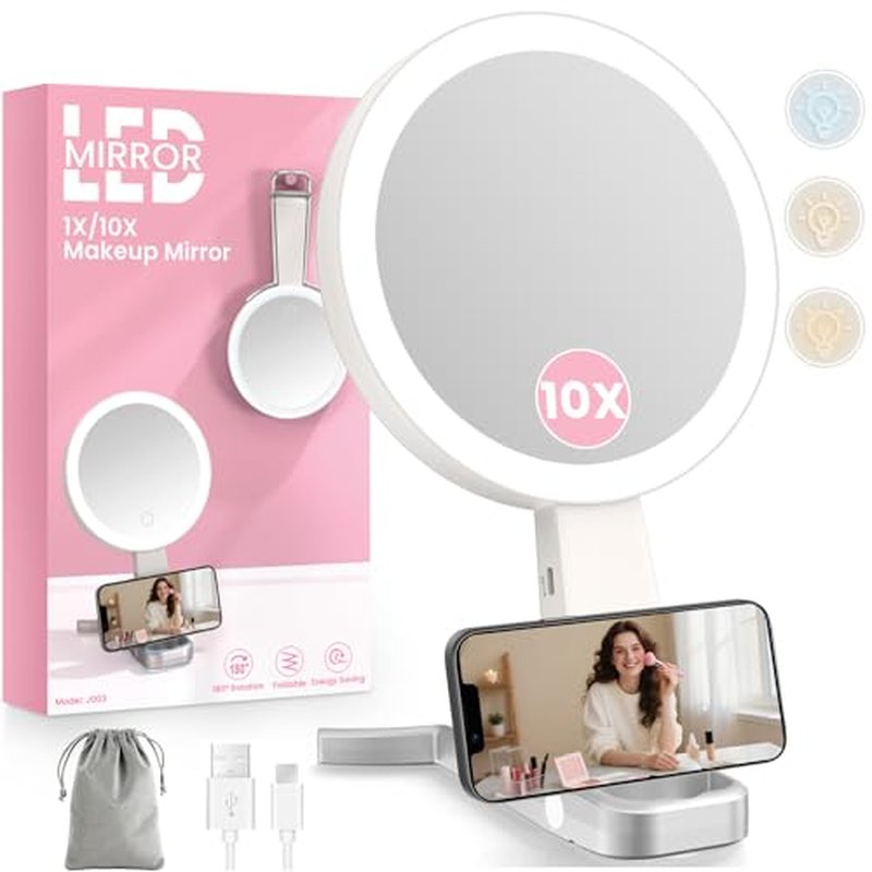 10X Magnifying Makeup Mirror with 3 Color Lights, Rechargeable