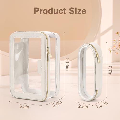 Travel Clear Makeup Bag with Makeup Brush Bag, Leather Make up Case Toiletry Bag, Portable Cosmetic Bag Case, Transparent Waterproof Cosmetic Organizer Storage Bag for Women, Off-White