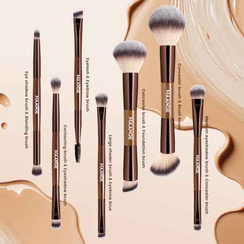 MAANGE 7 PCS Foundation Makeup Brush Set With Bag, Make up Brushes, Eyeshadow Concealer Brush, Double-ended Foundation Contour Powder Blush, Professional Face brush Set Tools For Liquid,Cream(Apricot)
