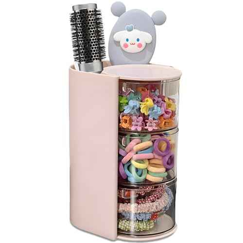 Hair Accessories Organizer with Hair Brush Holder, Rotatable Makeup Brush Holder for Necklaces, Earring, Bracelet, Ring, Makeup Brushes, Hair Clip and Hair Accessories (Pink, 3-Layer)