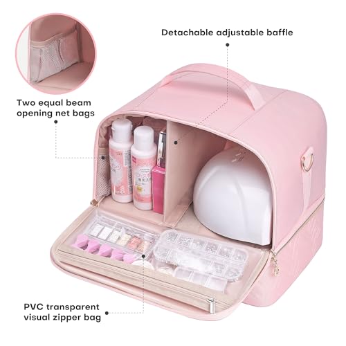 Leudes Nail Polish Organizer and Storage Holder 42 Bottles&Manicure Kit &Nail Lamp,Nail Stuff Bag Organizer Travel Case for Nail Tech Supplies Accessories Manicure Tools (Pink)