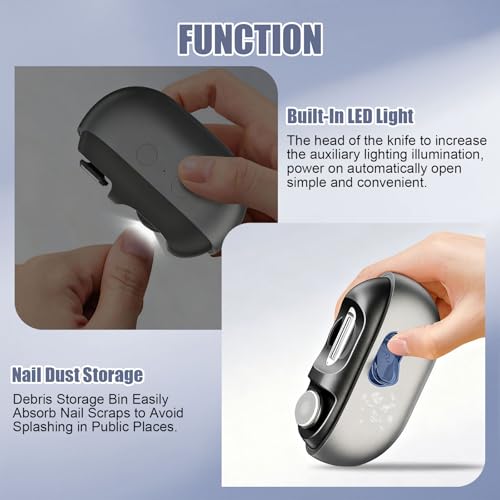 Electric Nail Clipper, 3 in 1 Electric Nail Clippers for Seniors & Adults, Baby Electric Nail Trimmer with Light & Clip Storage, USB Electric Automatic Nail Clipper for Fingernail & Toe (Grey)