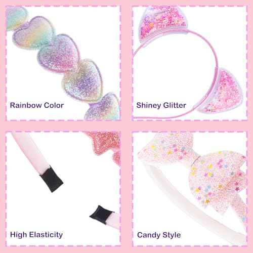 Headbands for Girls 6 Pack Toddler Headbands Glitter Kids Hairband Cat Bow Heart Star Crown Hair Accessories for Toddler Girls Teens