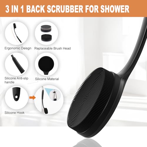 Long Handle Shower Back Scrubber,15.75 Inch Ergonomic Curved Brush with 3 Replaceable Heads with Soft and Firm Bristles,Silicone Handle for Easy Back Cleaning and Exfoliation,Bath Body Brush,Black