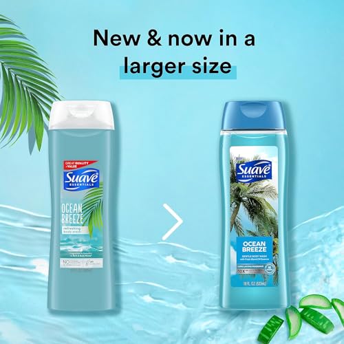 Suave Moisturizing Body Wash, with Ocean Breeze Scent and Vitamin E Extract, No Parabens, No Phtahaltes, 18 Oz, (Pack of 12)
