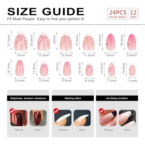 Medium Almond Press On Nails Pink 3D Flower Pearl