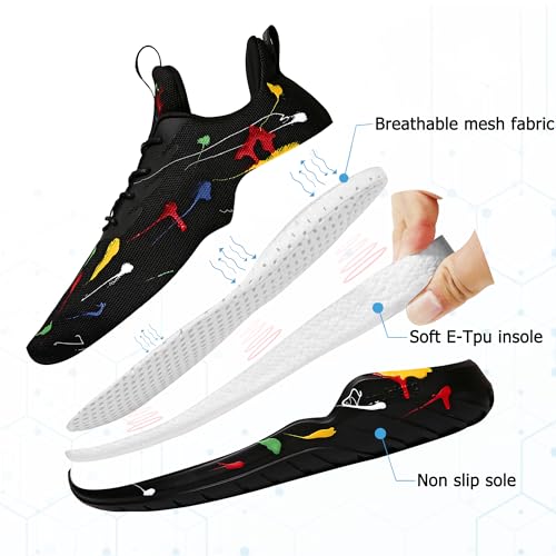Soulsfeng Mens Running Shoes Lightweight Breathable Fashion Stylish Sports Workout Gym Tennis Walking Black Sneakers for Men Size 9 US